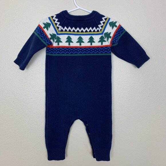 Hanna Andersson 75 12-18 Months Sweater Romper Knit Fair Isle Holiday Trees Navy - Picture 3 of 14